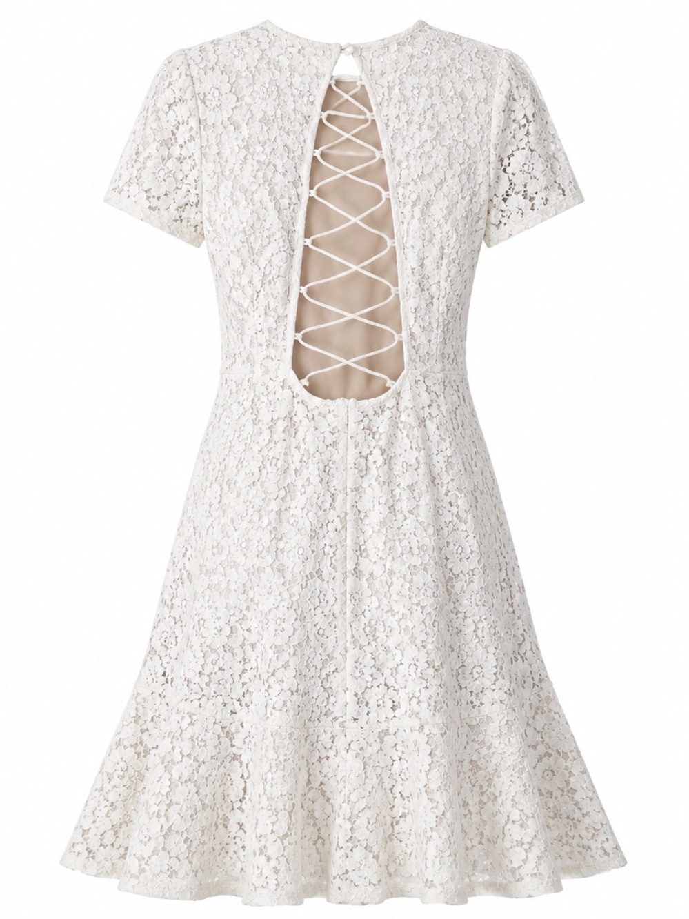 White Fox | M | Elegant White Lace Short Sleeve Ruffle Hem Dress - Picture 4 of 8